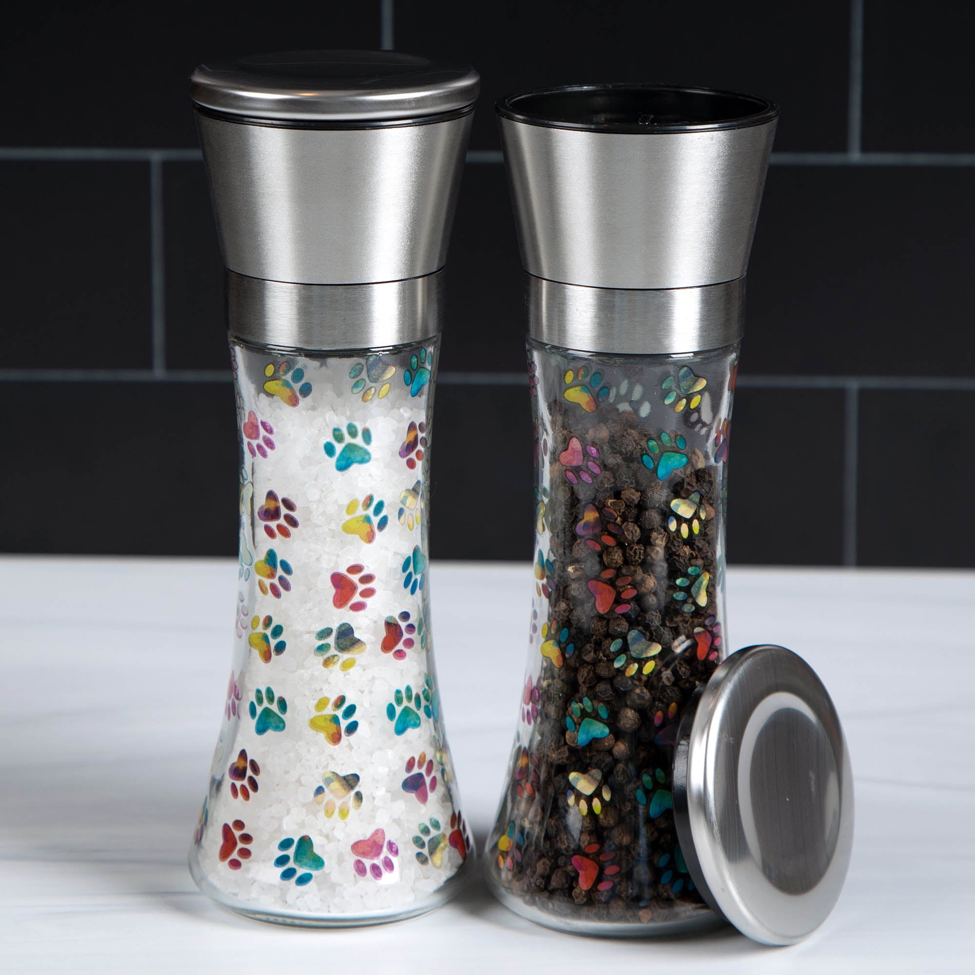 Modern Glass Salt & Pepper Grinders - Rainbow Ombre Paws