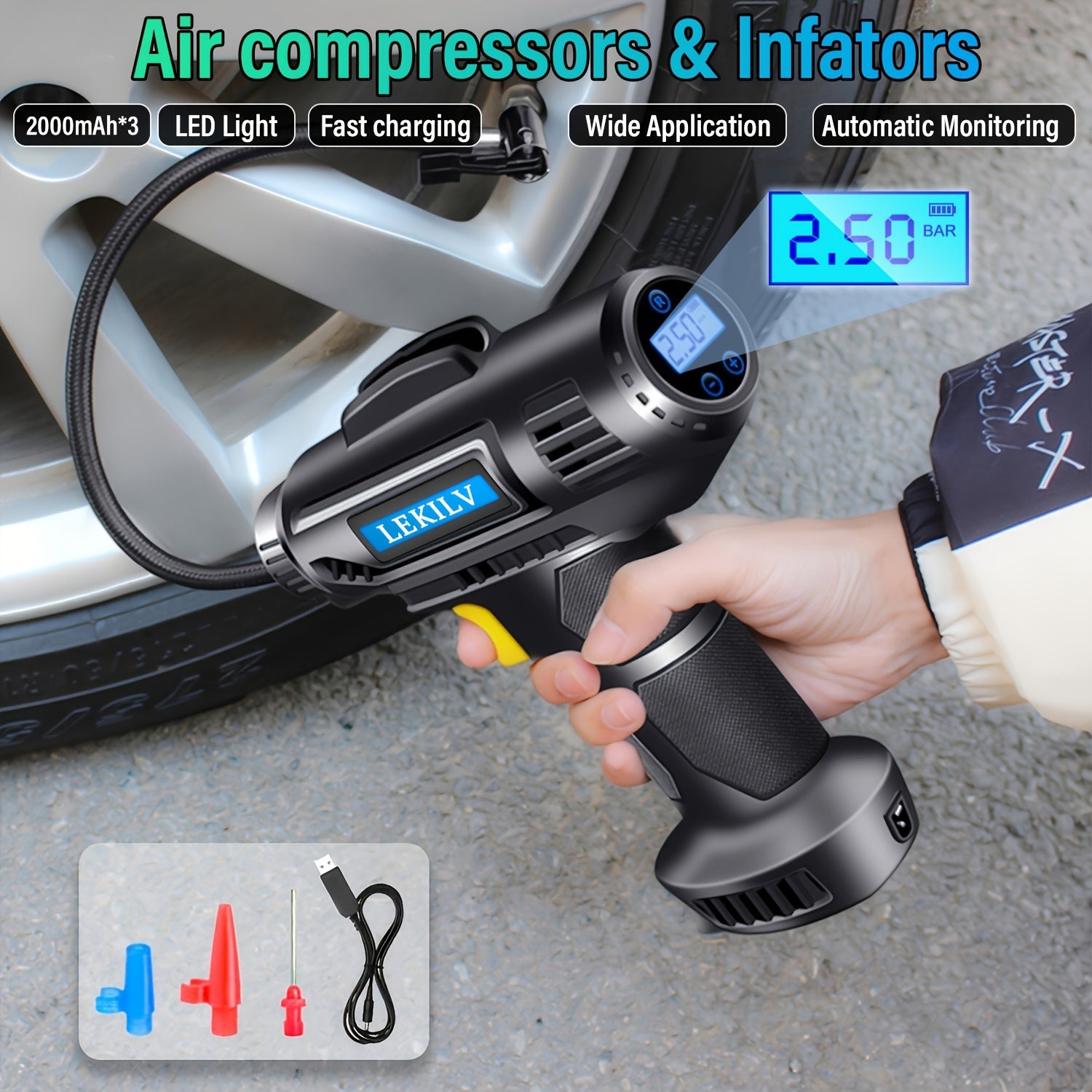 TEMU 1 X Tire Inflator Portable Air Compressor 101-150psi, 12v Power 120w Car Air Pump With Digital Display, 2000mah*2 Battery Capacity, Led Light,