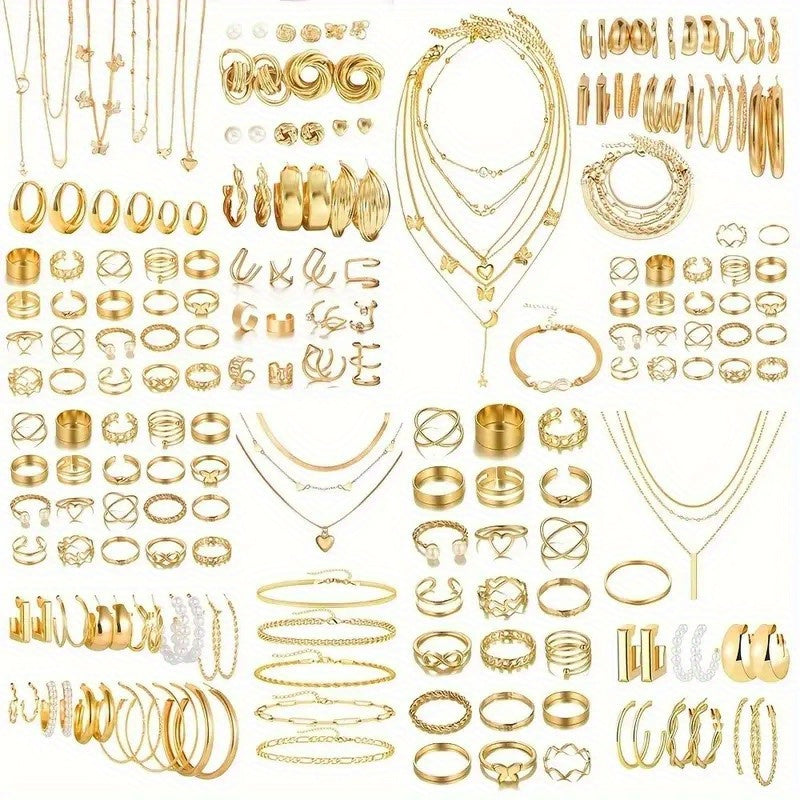 TEMU 56 Golden Jewelry Set: Necklaces, Bracelets, Ear Clips, Rings, Ladies Valentine's Day- Anniversary- Birthday- Friendship Gifts
