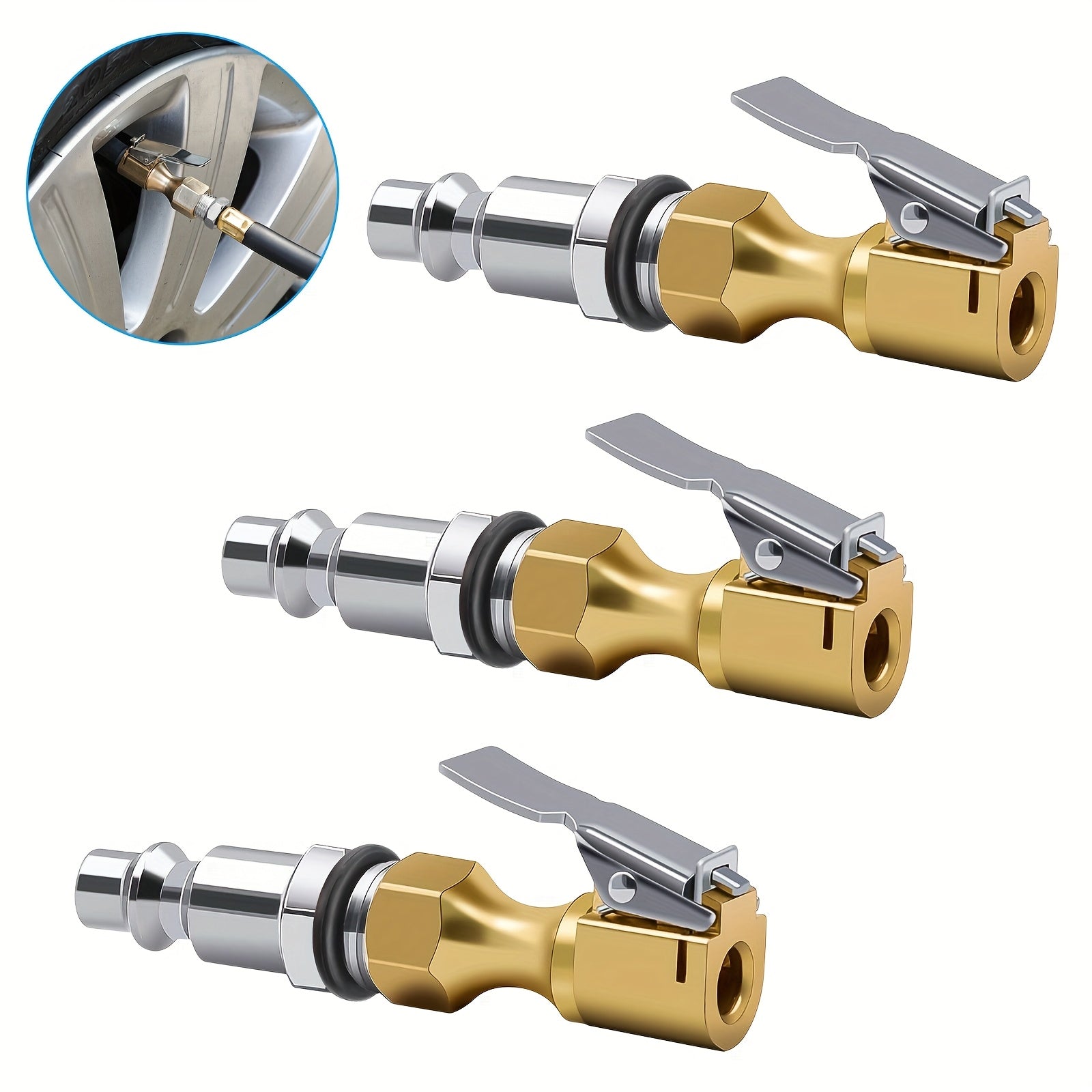 TEMU 3pcs Heavy Duty Brass Air With Clip, American Model, Closed Flow Tire Inflator For Schrader Valve