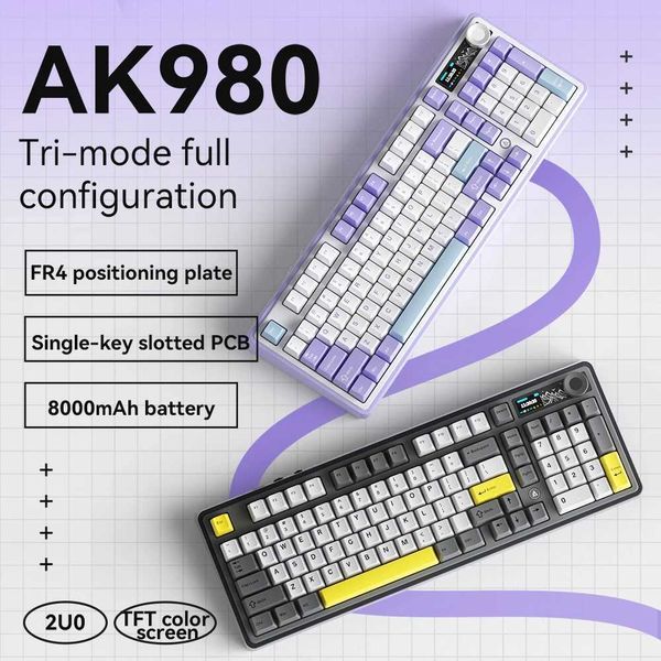 Keyboards Ajazz AK980 Gaming Mechanical Keyboard with Color Screen 98 Keys RGB Bluetooth Wireless Keyboard Gamer 8000mAh For PC Laptop z2502