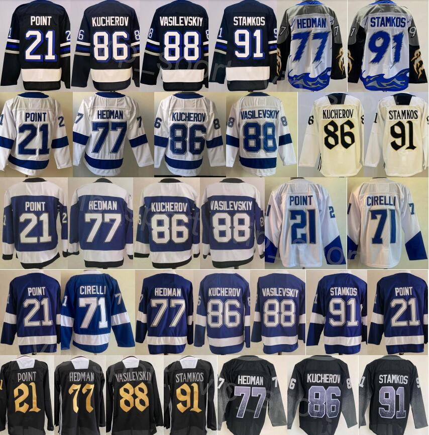 Alternate 2024 Hockey 86 Nikita Kucherov Jerseys 21 Brayden Point 77 Victor Hedman 88 Andrei Vasilevskiy 91 Steven Stamkos 71 Anthony Cirelli Revers