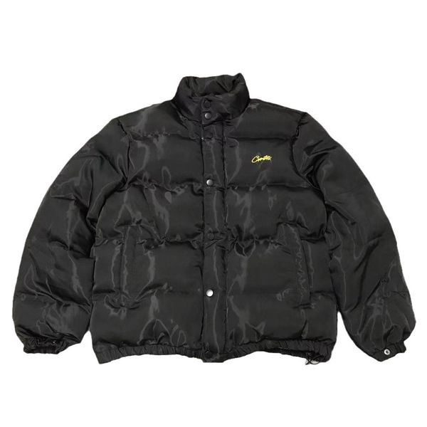 USA Hip Hop Stand Collar Single Breasted Thick Puffy Down Coat Letter Embroidery Cotton Jacket Man Black Designer