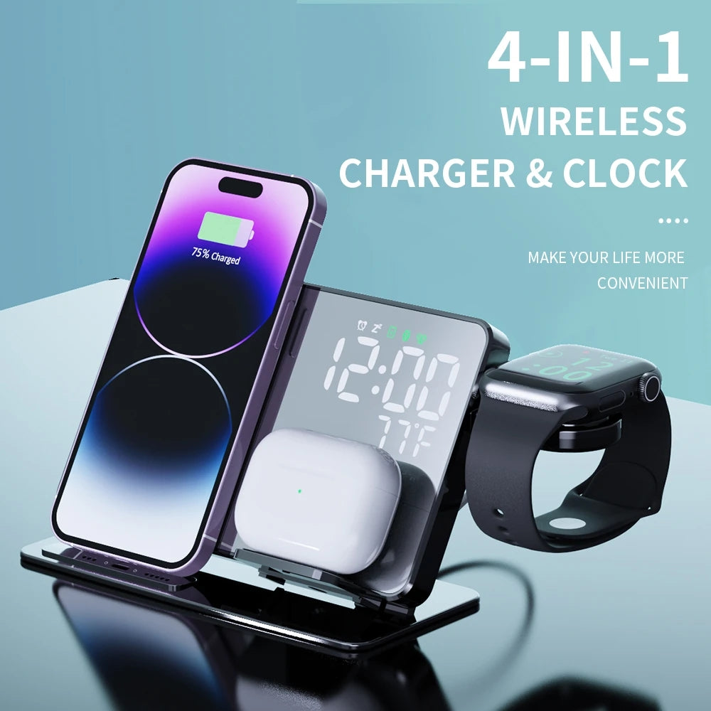 2023New 4 in 1 Wireless Charger For iPhone 14 13 12 Pro Apple Watch S8 7 15W Fast Charging Dock Station Desktop LED Digital Alarm Clock