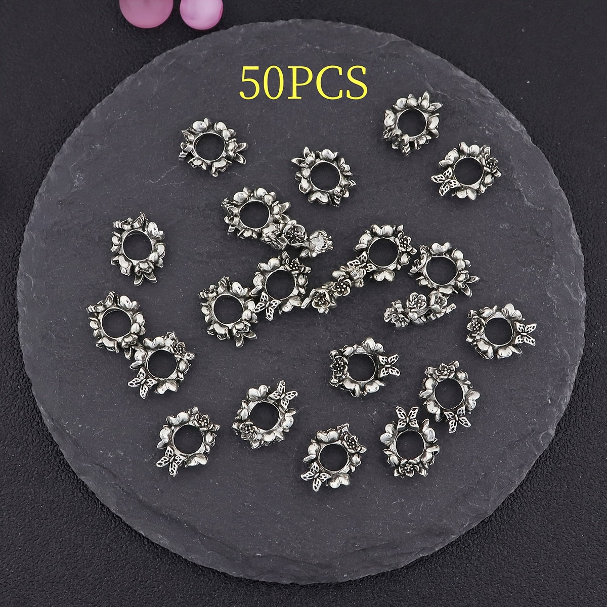 TEMU 50pcs Charm 3d Flower Decorative Beads, Large Hole Beads Alloy Ancient Silvery, Making Accessories, Used For Necklaces, Bracelets, Earrings,