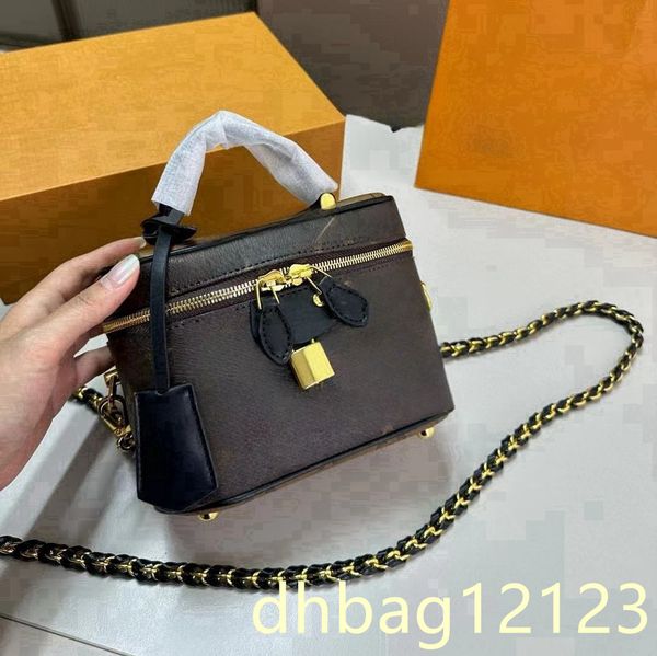 Ladies&#039; Classic vanity Box Designer Makeup Bag Portable Shoulder Bag Leather Cross Gold Hardware Multi functional Luggage Lipstick Stan