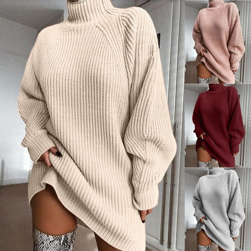 2024 Autumn-Winter New Knitted Medium-Long Sleeve Half High Collar Sweater Dress dongdumaoyi