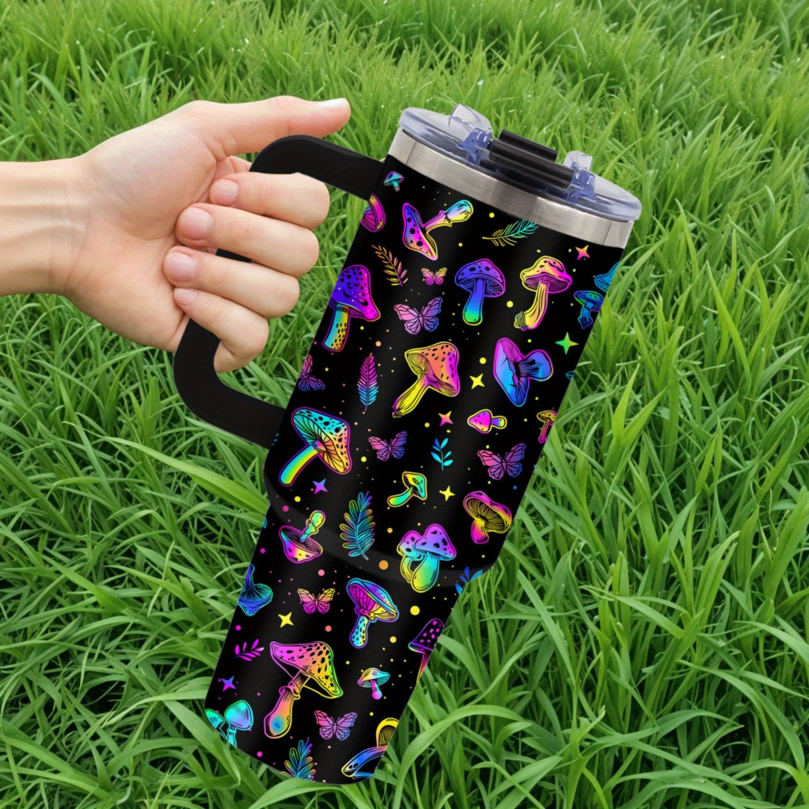 TEMU 1pc 40oz Cute Mushroom Cup Tumbler With Handle And Straw Lid Leak Proof, Coffee Travel Mug Insulated For Hot And Cold Drink Ice, Birthday Gifts