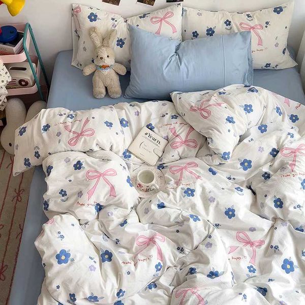 Bed Linen Bedding Set A-Class Washed Cotton Four-Piece Bed Sheets Set Comfort Sets Solid Couple Bed Quilt Cover Home TextileC241021