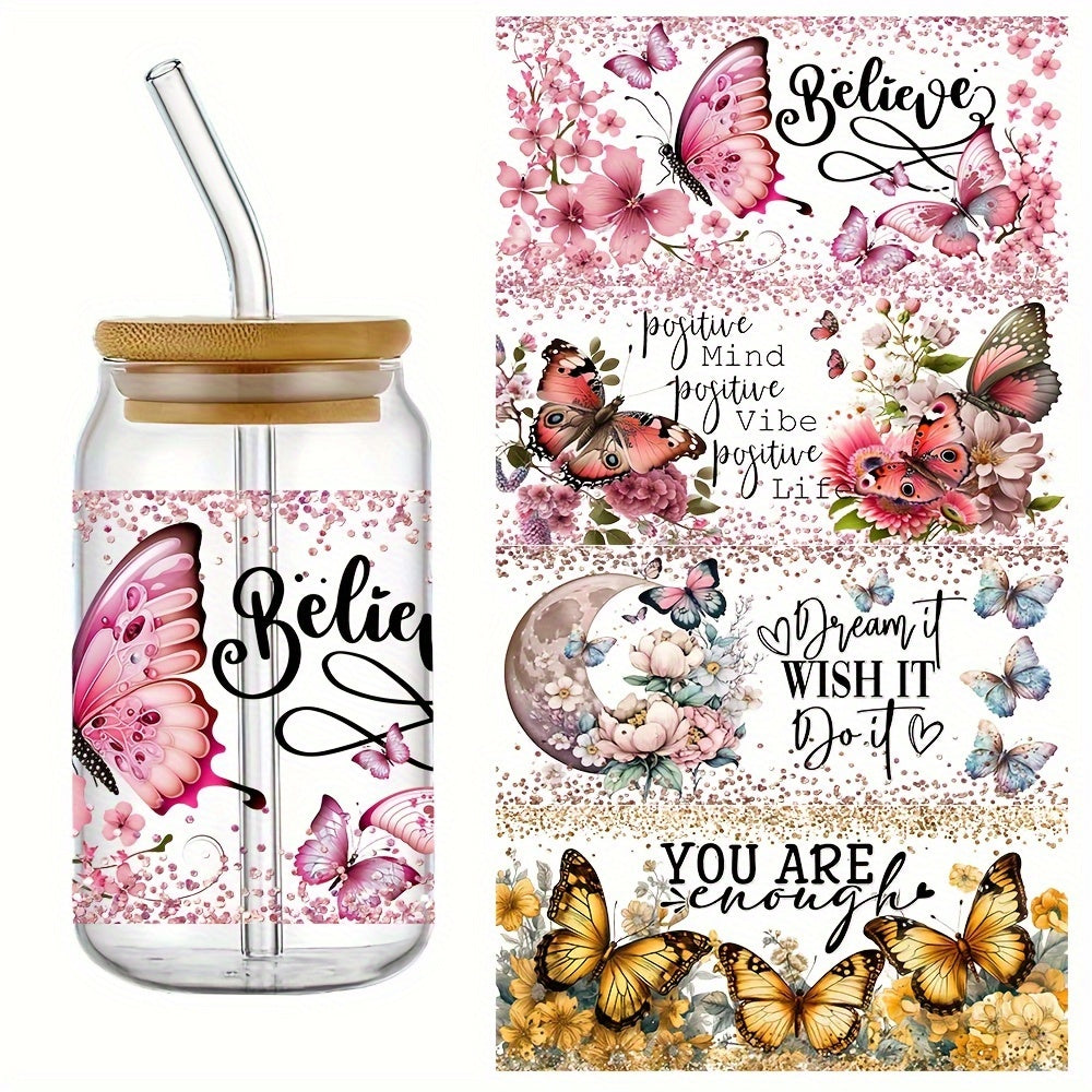 TEMU 4pcs-set Positive Uv Dtf Cup Wraps Decals Printing Waterproof Self-adhesive Stickers For Mug Water Bottle Cup, Dtf Transfer Sticker For 16 Oz