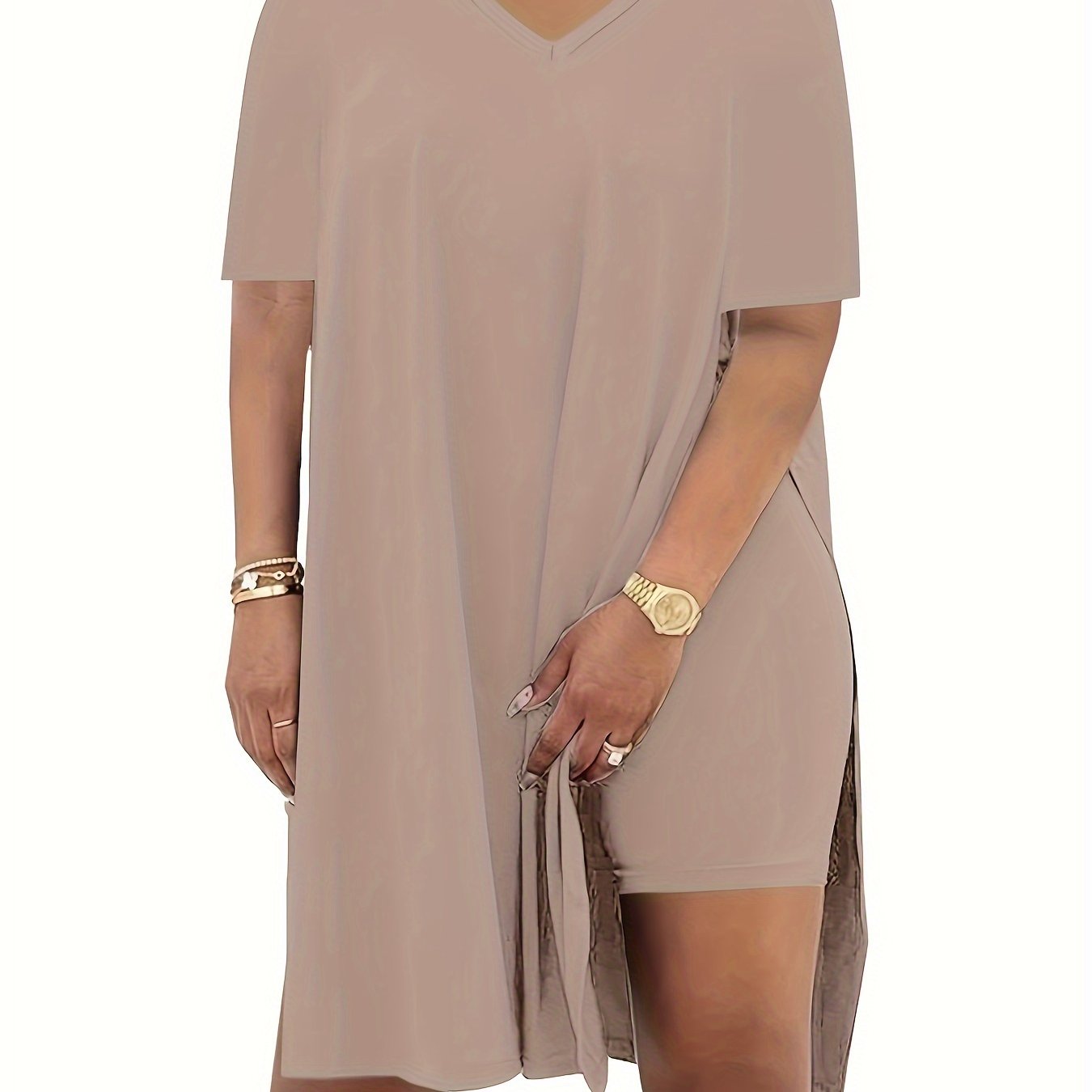 TEMU Plus Size, Plus Size Solid Color 2 Pieces, V Neck Short Sleeve Slit Side Top & High Waist Biker Shorts Outfits, Women's Plus Size Clothing