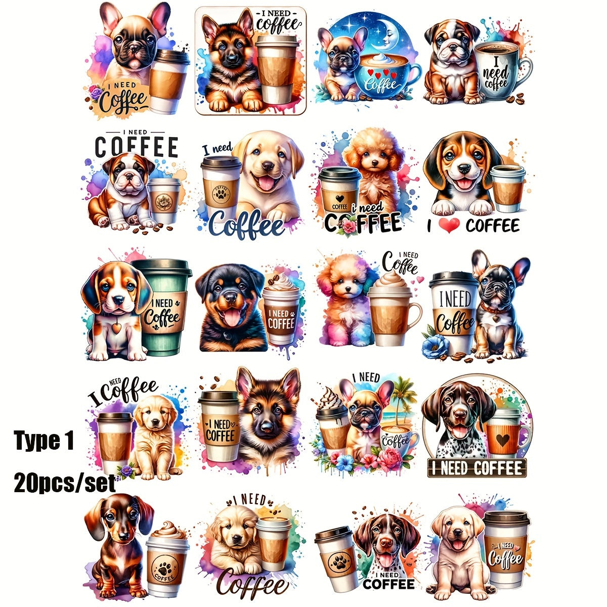 TEMU 1pc Adorable Vintage Coffee Dog Stickers - Whimsical Cartoon Canine , Shiny Finish, Self-adhesive Paper Craft Decals For Scrapbooking, Journals,