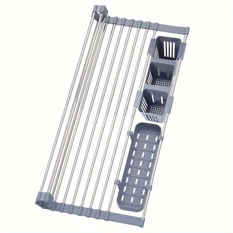 TEMU Stainless Steel Expandable Roll-up Dish Drying Rack With 2 Storage Baskets – Foldable & Rollable Design For Kitchen Utensil And Cup Drying,