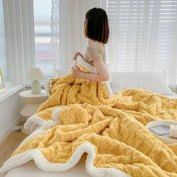 Winter blanket with thick fluff double-sided solid color double-layer throw blanket warm 3D jacquard sofa blanket Y241007