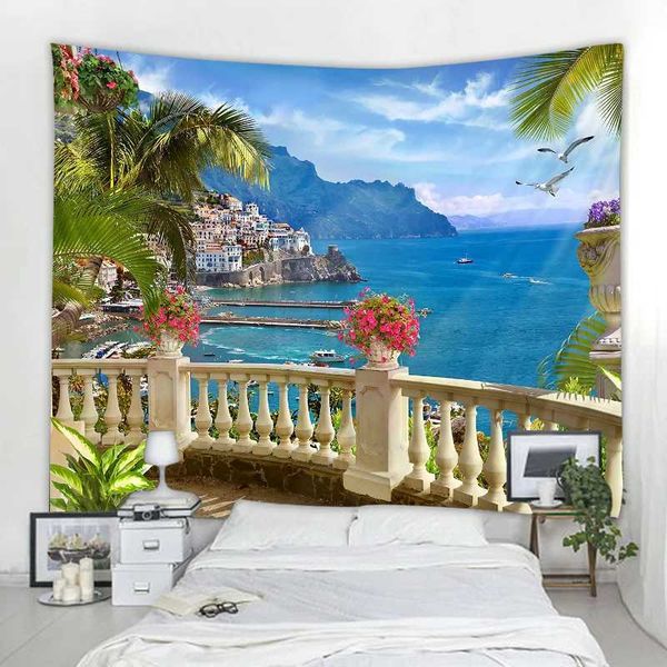 Tapestries Beautiful 3D Faux Window Landscape Decoration Tapestry Wall Hanging Bohemian Art Deco Curtains Room Aesthetics Home Decor