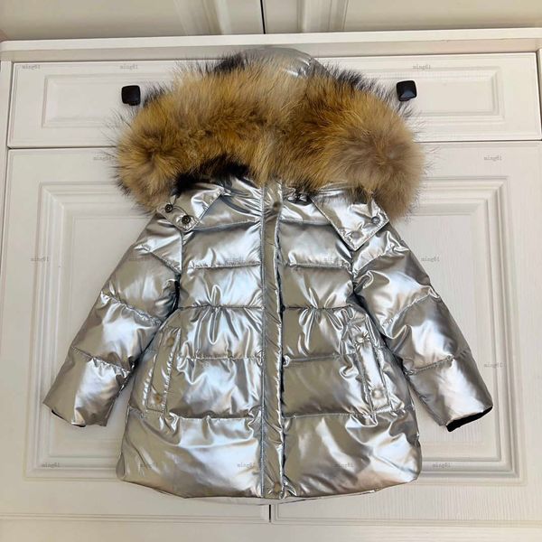 Brand Shiny Silver baby jackets winter down Hooded child Outwear Size 90-150 designer Raccoon fur collar kids coat