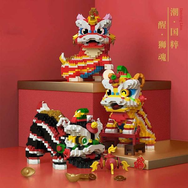 Blocks Chinese Lion Dance Building Mascot Assemble Small Particle Model Bricks Childrens Puzzle Toy Creative Christmass Gifts H241107 Y25011