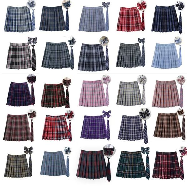 Women Summer Plaid Pleated Skirt With Necktie Bowtie Korean Jk Uniform Japanese School Preppy A Line Mini Skirts 250106