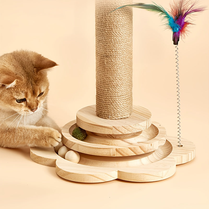 TEMU Pine Wood & Sisal Cat Scratch Post With Integrated Turntable - Multi-level Cat Climbing Frame, Durable Non-shedding Cat Toy For Indoor Cats,