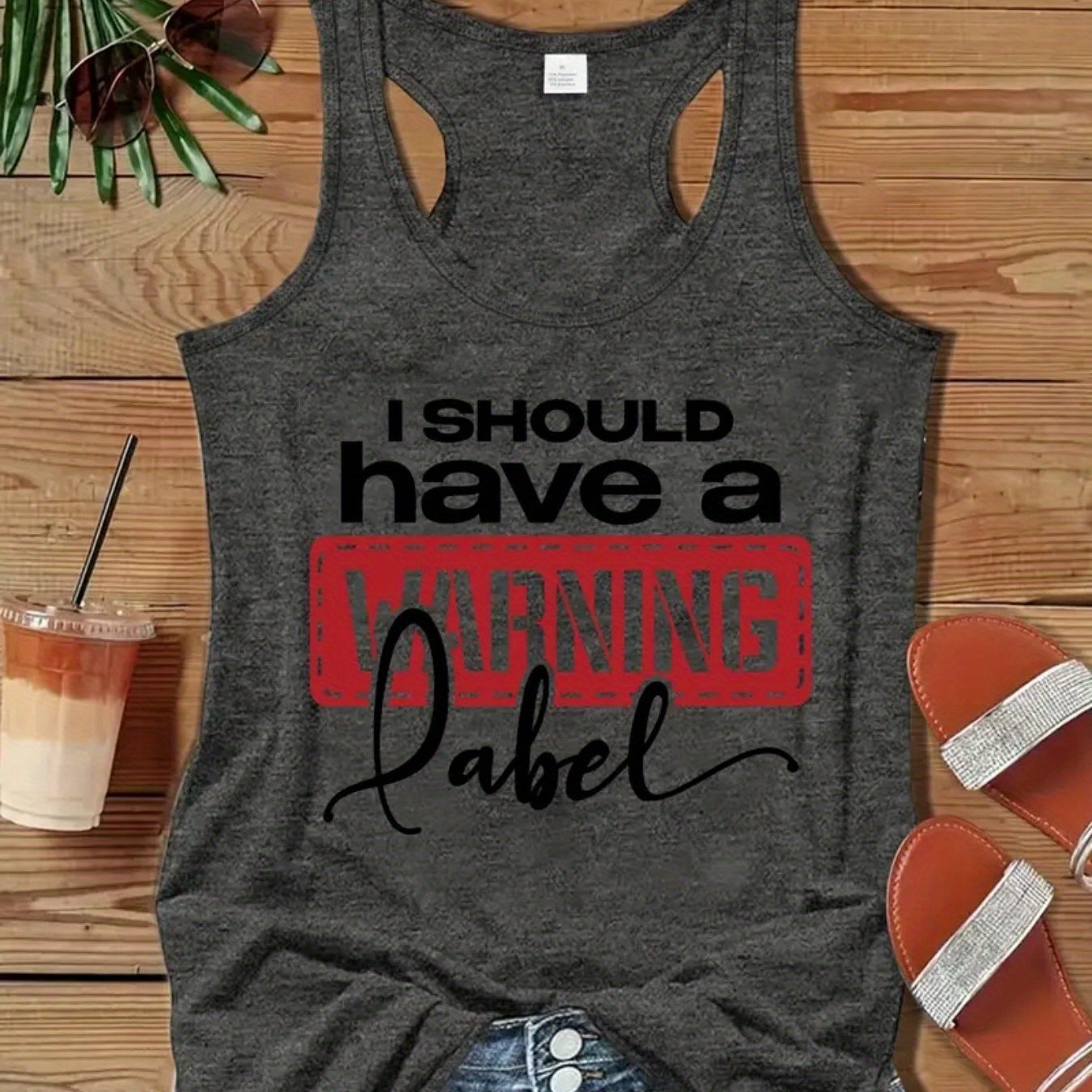 TEMU I A Warning Label Graphic Tank Top For Women Fun And Sleeveless T-shirt - Casual Casual Attire, Perfect For Relaxed Your Personality Fun