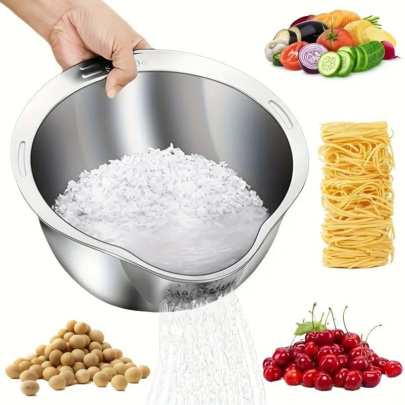 TEMU Rice Washer Strainer Bowl - Washing Bowl For , Stainless Steel Rinser With Side Drainers Small Colander For Cleaning Fruits, Vegetables, And
