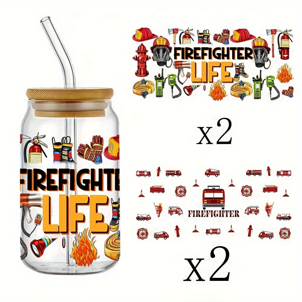 TEMU 4pcs-set Fireman Uv Dtf Cup Wraps Decals Transfer Printing Waterproof Self-adhesive Transfer Paper For Mug Water Bottle Cup, Dtf Transfer