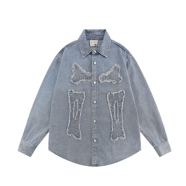 Men Blue Denim Coat Streetwear Hip Hop Embroidery Skull Bones Patch Long Sleeve Button Jeans Jacket Harajuku Punk Loose Blouses Shirts