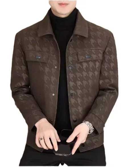 Autumn new style Thousand Bird plaid jacket high-quality printed short collar casual jacket young and fashionable leather jacket size 5XL Z241010