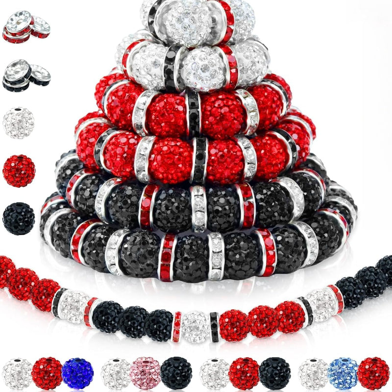 TEMU 120pcs 10mm Sparkling Rhinestones Clay Beads - Round Jewelry Beads With Spacers, Baseball (black, White, Red) For Diy Crafts, Bracelets,