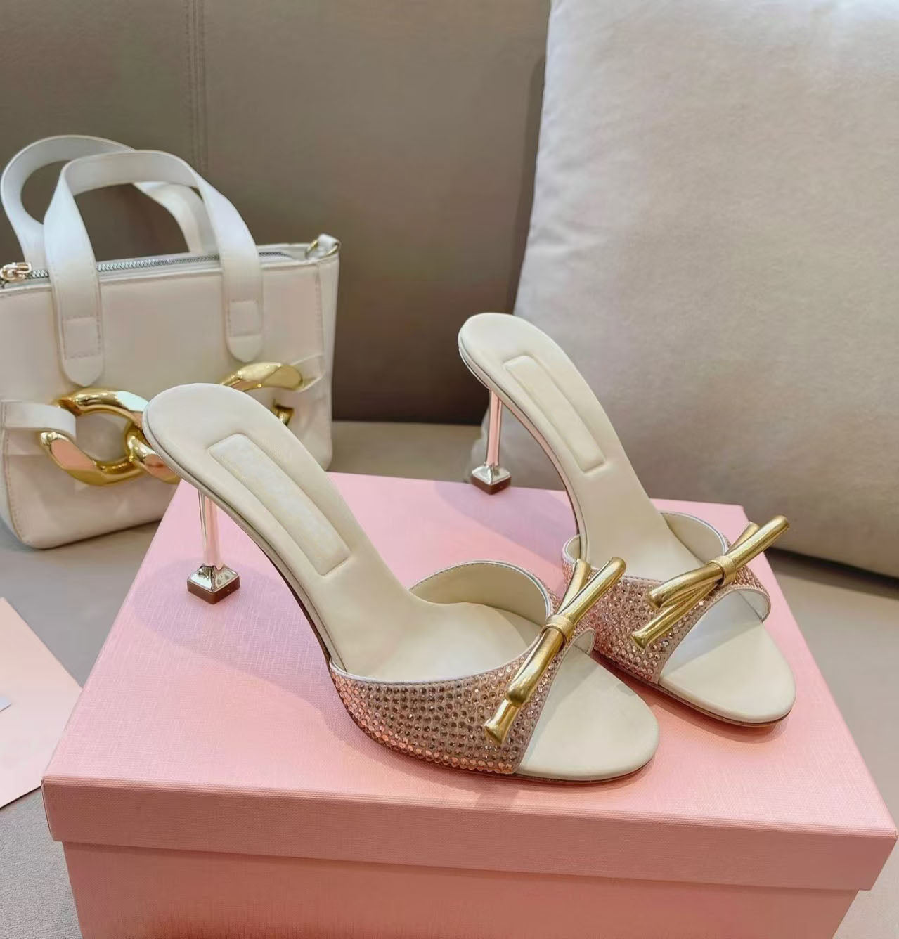 2024 Designer M new women&#039;s high-heeled sandals Elegant summer mid-heeled women&#039;s exquisite backless high heels Women&#039;s luxury party