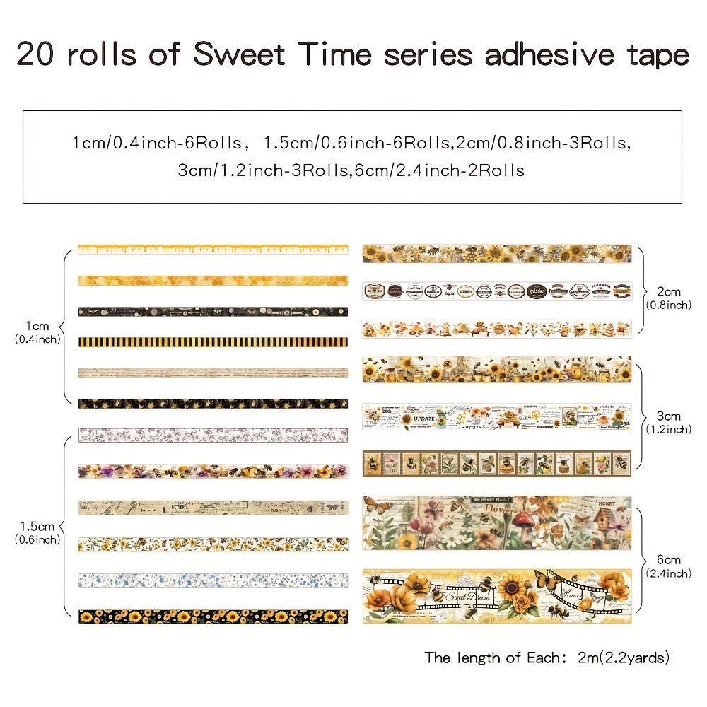 TEMU 20 Rolls Vintage Washi Tape Set 5 Different Widths Decorative Masking Tapes For Scrapbooking Journals Diy Crafts Bullet Junk Journaling Notebook