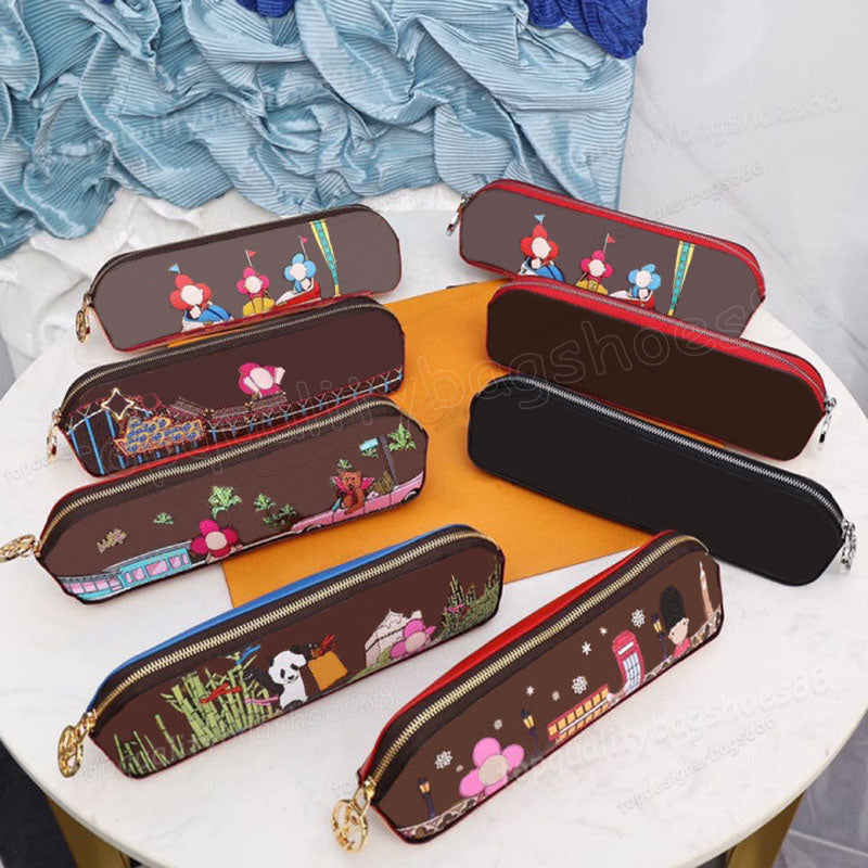 New Pencil Pouch Designer Wallets zipper Coin Pencil Purse Leather Pencils Box Purses Pencil Case for School Office Used Pencils Box Zipper seal Cos