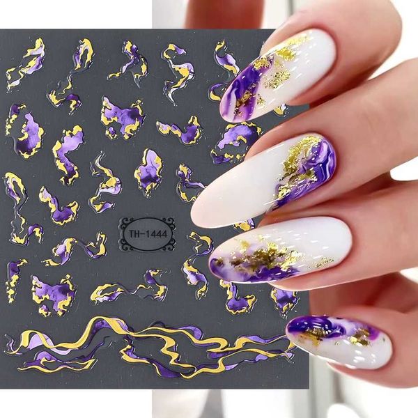Purple Marble Blooming Nail Stickers Smoke Design Nail Decals 3D Golden Wave Lines Geometric Nail Sliders Manicure DecorationXJ250120