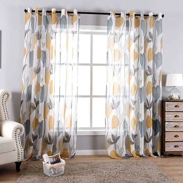 Style Leaves Tulle Sheer Curtains For Living Room Interior Decoration Home Printed Sheer Sheer Curtains Drapes 240730
