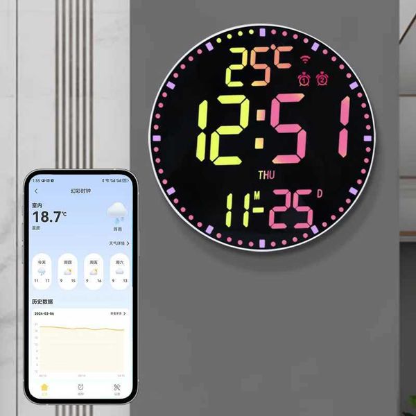 WiFi Color LED Wall Calendar Clock Date Temperature Display and Dual Alarm Digital Clock Home Decoration Remote Control W240806