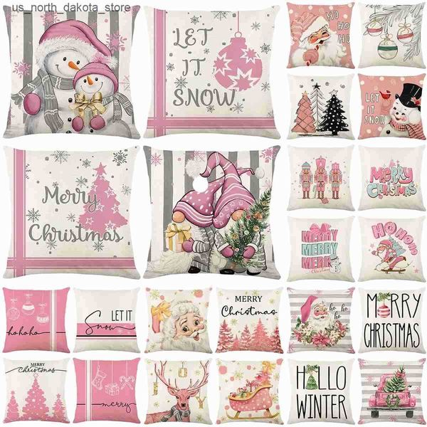Cushion-Decorative Pillow Christmas Cushion Cover 4545cm Xmas Throw Covers Christmas Cartoons Pink Theme slip Home Decor Linen case J241118