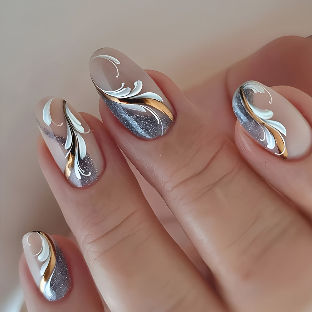 TEMU 24pcs Glossy Autumn And Winter Medium Oval Press On Nails Silvery Stripe And White Feather Fake Nails Shiny Artificial Reusable False Nails For