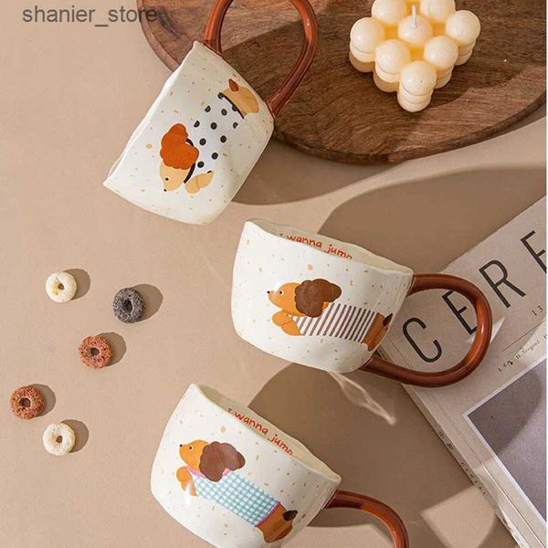 Mugs Ceramic cup with big ears cute little dog pattern coffee juice tea breakfast milk oat cup yogurt office student couple drinks gifts L24