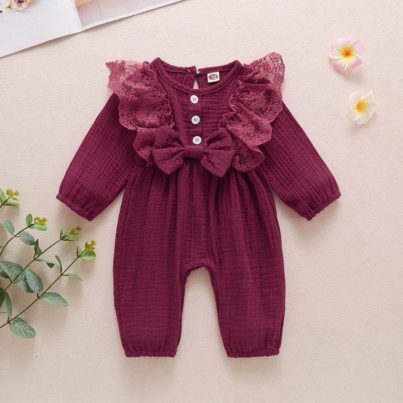 w543 Kids clothes girls boys lace sleeve Bow romper newborn infant Cotton linen Solid color Jumpsuits Spring Autumn baby Climbing clothes