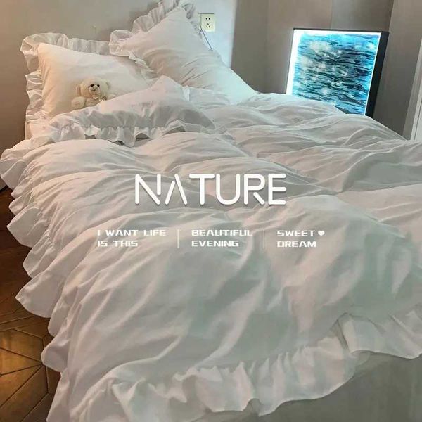 INS Princess Style Bedding Sets Ruffle Lace Bow Quilt Cover Romantic Bedclothes Decor Woman Girls Bedroom Duvet Cover 4pcsC241122