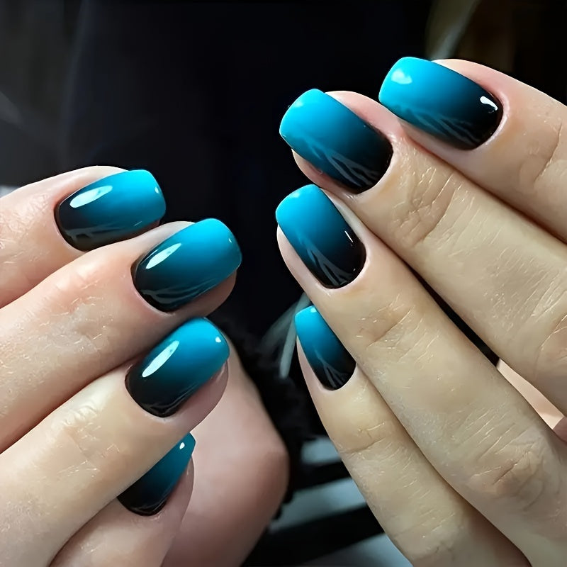 TEMU 24pcs Short Square Press-on Nails - Blue Black Gradient Glossy Fake Nails With Jelly Glue & Nail File, Trendy Ombre Design For , Nails