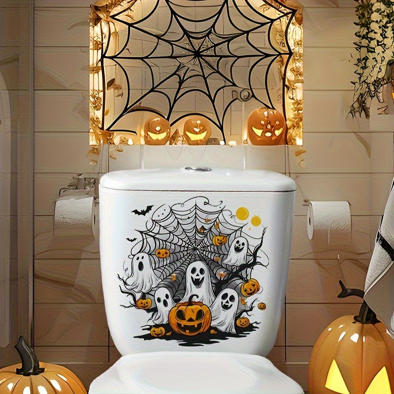 TEMU Halloween Toilet Lid Decal - Haunted Atmosphere Vinyl Sticker, Polyvinyl Chloride, Self-adhesive, Ceramic Applicable, Single Use And Pumpkin