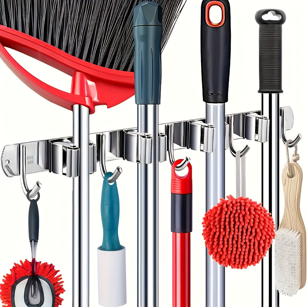 TEMU Heavy-duty Stainless Steel Wall-mounted Mop And Broom Holder, With 4 Slots & 5 Hooks Storage Rack - Multifunctional Organizer For Kitchens,