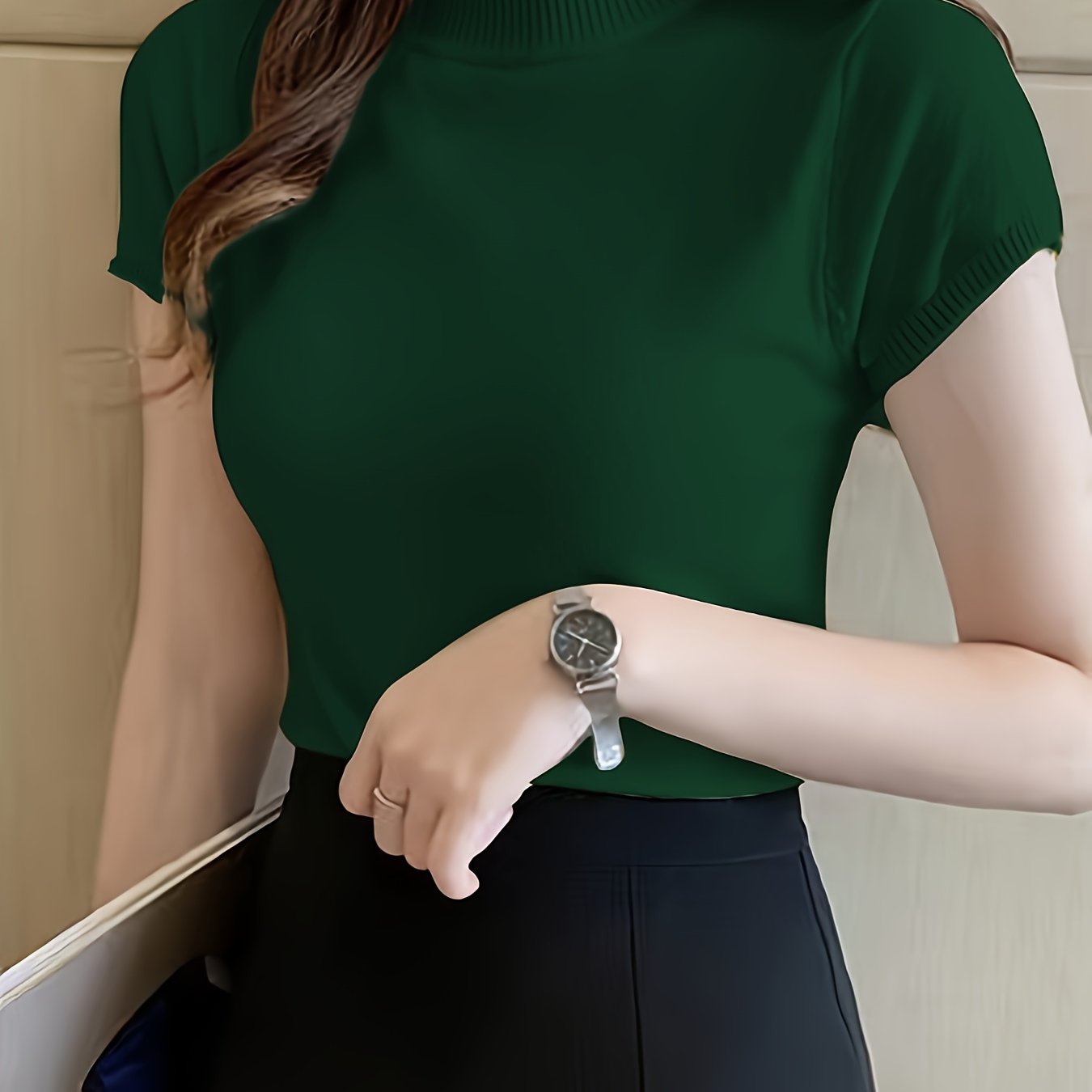 TEMU Women's Slim Fit Short Sleeve Sweater - High Round Neck Fish Tail Hem, 100% Polyester Solid Color Top For Layering & Casual To Formal Wear