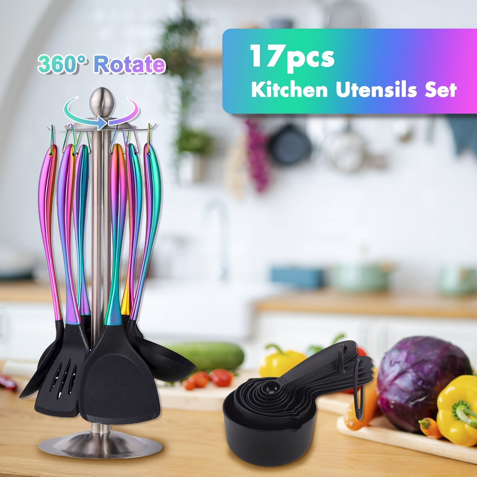 TEMU Kitchen Utensils Set-17pcs Titanium Rainbow Silicone Spatula, Silicone Cooking Utensils Set With Holder, Heat Resistant Silicone Utensils For