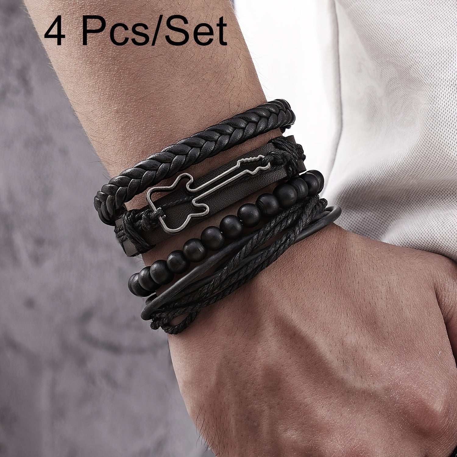 TEMU Punk Rock-inspired Leather Guitar Bracelet Set - Adjustable, Pu Leather, Alloy Guitar Pendant, Music Lovers And Enthusiasts
