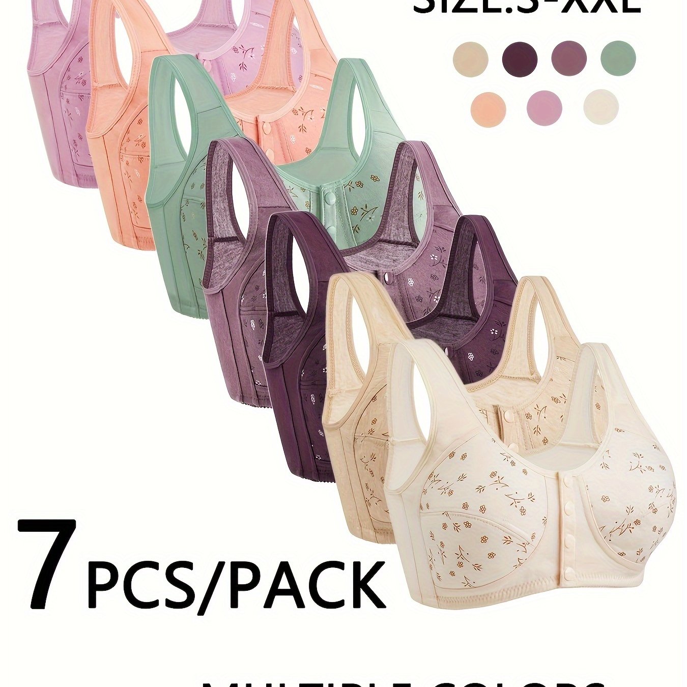 TEMU 7pcs Floral Charm - Soft Wireless Bras, Seamless & Breathable Front Design, Womens Comfortable Lingerie Set For