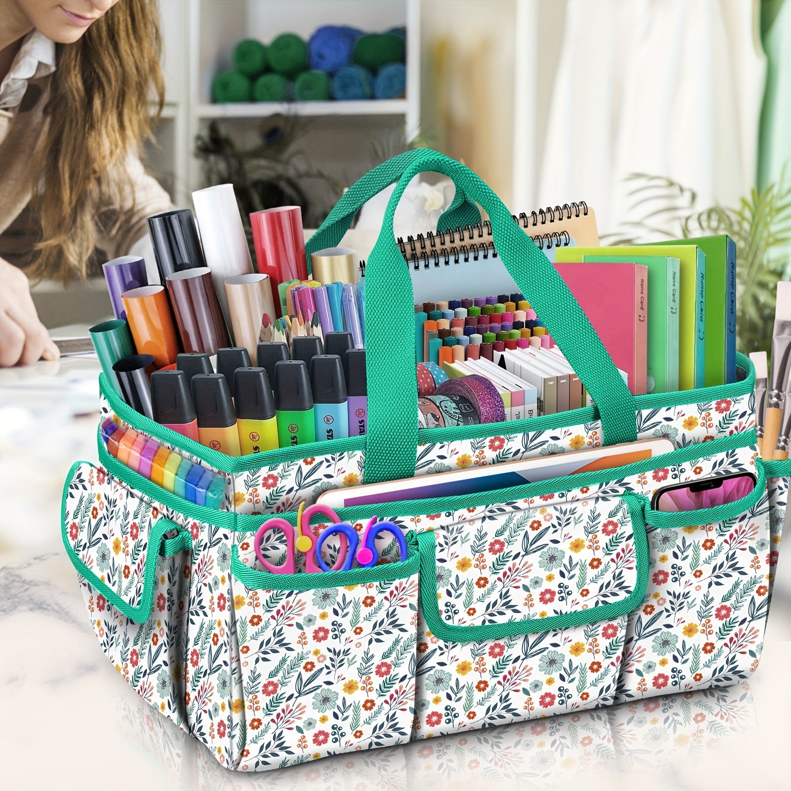 TEMU 1pc Large Floral Craft Storage Tote Bag With Multiple Pockets - Portable Organizer For Sewing, Art Supplies, Scrapbooking - Durable Polyester,