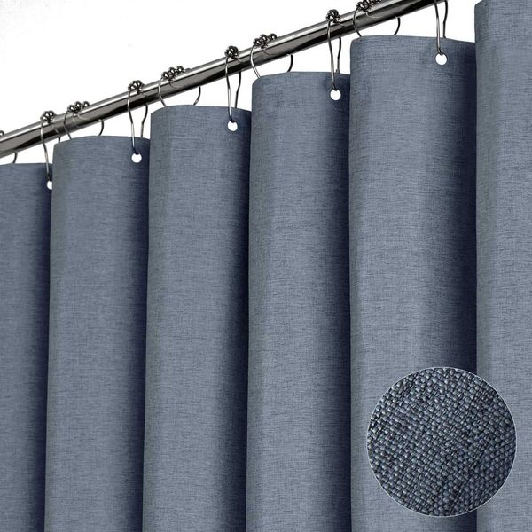 Blue 230G Luxury Fabric Shower Curtain Set with Plastic Hooks - Waterproof Cloth Textured Heavy Duty Hotel Curtains for Bathroom M240824