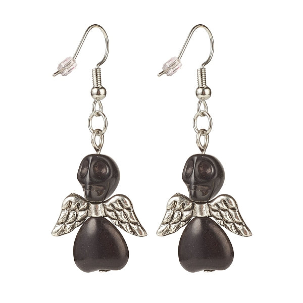 Boucles d'oreilles tête de mort turquoise synthétique avec ailes pendantes